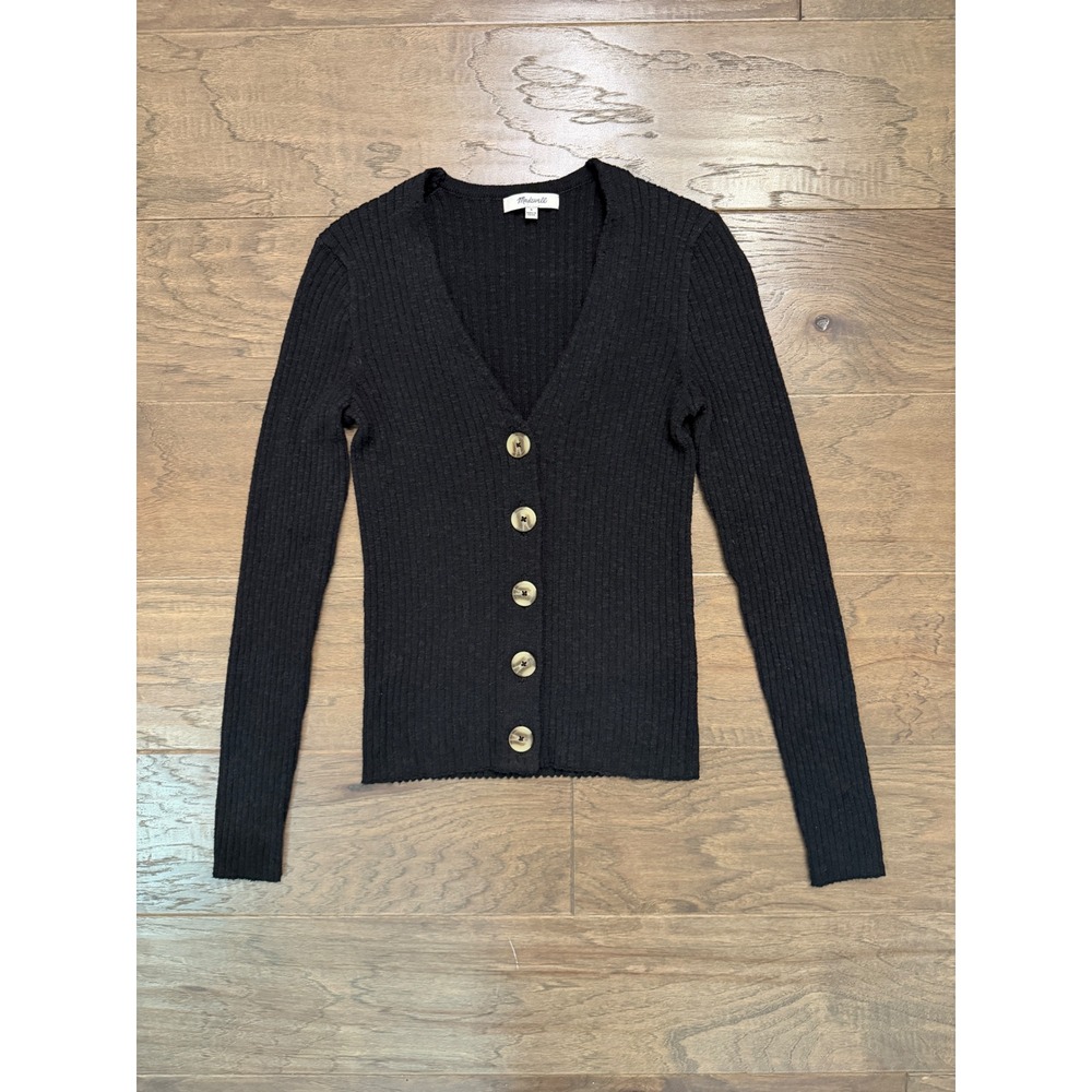 Madewell Cardigan Sweater Womens S Black Cotton Ribbed V-Neck Button Slim Knit